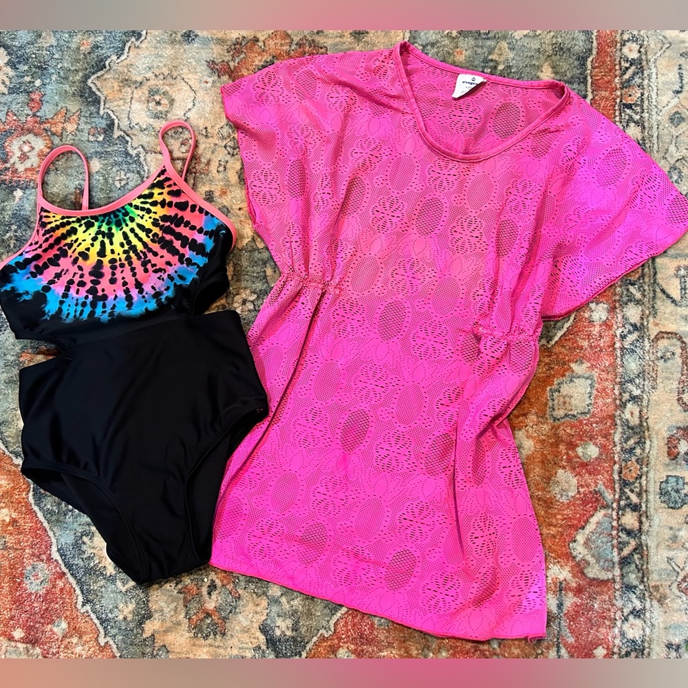 GIRLS 12 ORAGEOUS TIE-DYE SWIMSUIT WORN ONCE & NWOT SWIMSUIT COVER 12-14